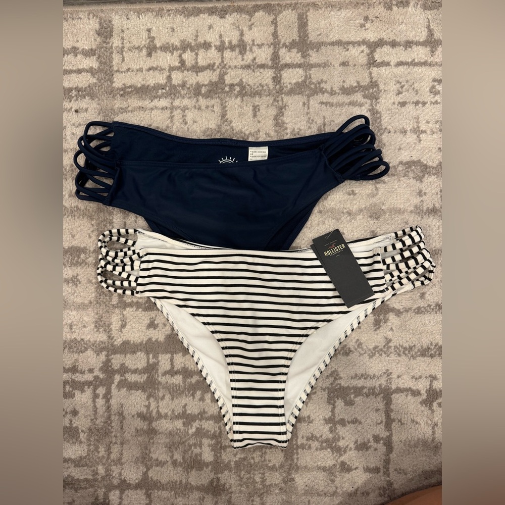 Hollister Navy and Striped Cheeky Bikini Bottoms. Set of Two